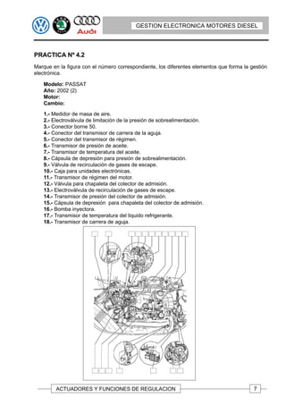 GESTION ELECTRONICA MOTORES DIESEL




PRACTICA Nº 4.2
Marque en la figura con el número correspondiente, los diferentes elementos que forma la gestión
electrónica.

   Modelo: PASSAT
   Año: 2002 (2)
   Motor:
   Cambio:

   1.- Medidor de masa de aire.
   2.- Electroválvula de limitación de la presión de sobrealimentación.
   3.- Conector borne 50.
   4.- Conector del transmisor de carrera de la aguja.
   5.- Conector del transmisor de régimen.
   6.- Transmisor de presión de aceite.
   7.- Transmisor de temperatura del aceite.
   8.- Cápsula de depresión para presión de sobrealimentación.
   9.- Válvula de recirculación de gases de escape.
   10.- Caja para unidades electrónicas.
   11.- Transmisor de régimen del motor.
   12.- Válvula para chapaleta del colector de admisión.
   13.- Electroválvula de recirculación de gases de escape.
   14.- Transmisor de presión del colector de admisión.
   15.- Cápsula de depresión para chapaleta del colector de admisión.
   16.- Bomba inyectora.
   17.- Transmisor de temperatura del liquido refrigerante.
   18.- Transmisor de carrera de aguja.




         ACTUADORES Y FUNCIONES DE REGULACION                                             7
 
