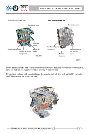 GESTION ELECTRONICA MOTORES DIESEL




Dentro de esta serie EA 188, se encuentran tanto los motores de cuatro cilindros con bomba rotativa,
como los motores con inyector bomba de cuatro y de tres cilindros.

Otra serie de motores están constituidas por la mecánica de 5 cilindros en linea EA 381 y el motor
V6-TDI EA330, que fue lanzado en 1997.




       PRINCIPIOS BASICOS DE LOS MOTORES DIESEL                                              9
 