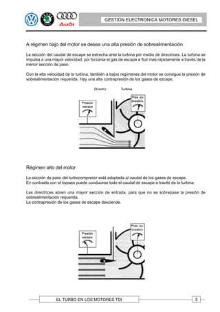 GESTION ELECTRONICA MOTORES DIESEL




A régimen bajo del motor se desea una alta presión de sobrealimentación

La sección del caudal de escape se estrecha ante la turbina por medio de directrices. La turbina se
impulsa a una mayor velocidad, por forzarse el gas de escape a fluir mas rápidamente a través de la
menor sección de paso.

Con la alta velocidad de la turbina, también a bajos regímenes del motor se consigue la presión de
sobrealimentación requerida. Hay una alta contrapresión de los gases de escape.




Régimen alto del motor

La sección de paso del turbocompresor está adaptada al caudal de los gases de escape.
En contraste con el bypass puede conducirse todo el caudal de escape a través de la turbina.

Las directrices abren una mayor sección de entrada, para que no se sobrepase la presión de
sobrealimentación requerida.
La contrapresión de los gases de escape desciende.




                EL TURBO EN LOS MOTORES TDI                                                    5
 