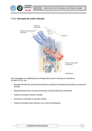GESTION ELECTRONICA MOTORES DIESEL




7.1.3.- Concepto de cuatro válvulas




Se ha adoptado sin modificaciones la configuración de las 4 válvulas ya conocida en
el motor V6 TDI, con:

•   Respectivamente dos conductos de admisión (conducto de turbulencia espiroidal y conducto de
    llenado)

•   Respectivamente dos conductos de escape (conducto bifurcado confluyente)

•   Inyector en posición vertical, centrada

•   Cámara de combustión en posición central

•   Posición favorable de las válvulas, con un giro termodinámico




                     ELEMENTOS MECANICOS                                                 3
 