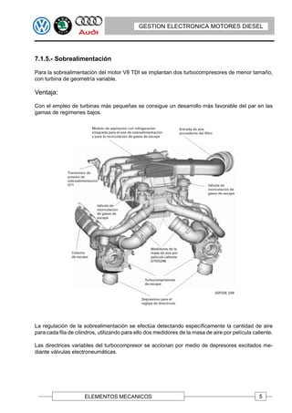 GESTION ELECTRONICA MOTORES DIESEL




7.1.5.- Sobrealimentación

Para la sobrealimentación del motor V8 TDI se implantan dos turbocompresores de menor tamaño,
con turbina de geometría variable.

Ventaja:

Con el empleo de turbinas más pequeñas se consigue un desarrollo más favorable del par en las
gamas de regímenes bajos.




La regulación de la sobrealimentación se efectúa detectando específicamente la cantidad de aire
para cada fila de cilindros, utilizando para ello dos medidores de la masa de aire por película caliente.

Las directrices variables del turbocompresor se accionan por medio de depresores excitados me-
diante válvulas electroneumáticas.




                      ELEMENTOS MECANICOS                                                          5
 