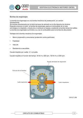 GESTION ELECTRONICA MOTORES DIESEL




Bomba de engranajes

La bomba de engranajes es una bomba mecánica de preelevación, en versión
autoaspirante.
Se impulsa directamente por el árbol de levas de admisión en la fila derecha de cilindros.
Después arrancar el motor, la bomba de engranajes aspira el combustible de la cuba
anti-oleaje en el depósito, a través de un conducto en bypass, evadiendo la bomba celular de rodillos.
La bomba de engranajes suministra a su vez el combustible para la bomba de alta presión.

Ventajas de la bomba mecánica de engranajes:

•   Menor propensión a ensuciarse (protección contra partículas).

•   Fiabilidad.

•   Vida útil.

•   Resistencia a sacudidas.

Caudal impelido por vuelta: 3,1 cc/vuelta.

Caudal impelido en función del tiempo: 40 ltr./h a 300 rpm, 120 ltr./h a 2.500 rpm.




                   CIRCUITO DE COMBUSTIBLE                                                      3
 