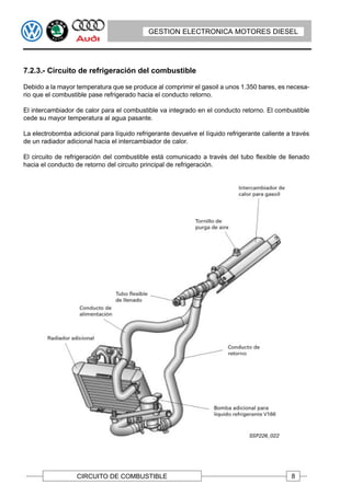 GESTION ELECTRONICA MOTORES DIESEL




7.2.3.- Circuito de refrigeración del combustible

Debido a la mayor temperatura que se produce al comprimir el gasoil a unos 1.350 bares, es necesa-
rio que el combustible pase refrigerado hacia el conducto retorno.

El intercambiador de calor para el combustible va integrado en el conducto retorno. El combustible
cede su mayor temperatura al agua pasante.

La electrobomba adicional para líquido refrigerante devuelve el líquido refrigerante caliente a través
de un radiador adicional hacia el intercambiador de calor.

El circuito de refrigeración del combustible está comunicado a través del tubo flexible de llenado
hacia el conducto de retorno del circuito principal de refrigeración.




                   CIRCUITO DE COMBUSTIBLE                                                     8
 