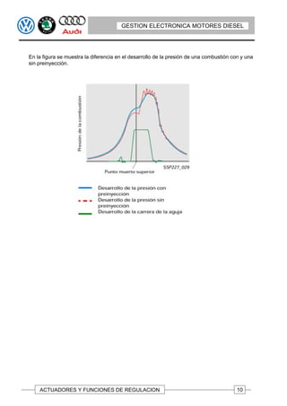 GESTION ELECTRONICA MOTORES DIESEL




En la figura se muestra la diferencia en el desarrollo de la presión de una combustión con y una
sin preinyección.




    ACTUADORES Y FUNCIONES DE REGULACION                                                 10
 