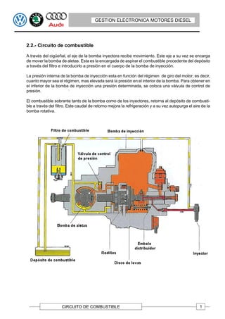 GESTION ELECTRONICA MOTORES DIESEL




2.2.- Circuito de combustible

A través del cigüeñal, el eje de la bomba inyectora recibe movimiento. Este eje a su vez se encarga
de mover la bomba de aletas. Esta es la encargada de aspirar el combustible procedente del depósito
a través del filtro e introducirlo a presión en el cuerpo de la bomba de inyección.

La presión interna de la bomba de inyección esta en función del régimen de giro del motor; es decir,
cuanto mayor sea el régimen, mas elevada será la presión en el interior de la bomba. Para obtener en
el inferior de la bomba de inyección una presión determinada, se coloca una válvula de control de
presión.

El combustible sobrante tanto de la bomba como de los inyectores, retorna al depósito de combusti-
ble a través del filtro. Este caudal de retorno mejora la refrigeración y a su vez autopurga el aire de la
bomba rotativa.




                    CIRCUITO DE COMBUSTIBLE                                                         1
 