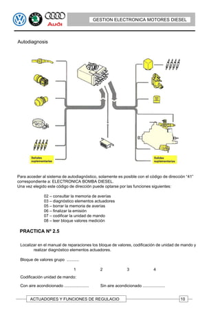 GESTION ELECTRONICA MOTORES DIESEL



Autodiagnosis




Para acceder al sistema de autodiagnóstico, solamente es posible con el código de dirección “41”
correspondiente a: ELECTRONICA BOMBA DIESEL.
Una vez elegido este código de dirección puede optarse por las funciones siguientes:

                02 – consultar la memoria de averías
                03 – diagnóstico elementos actuadores
                05 – borrar la memoria de averías
                06 – finalizar la emisión
                07 – codificar la unidad de mando
                08 – leer bloque valores medición

 PRACTICA Nº 2.5

 Localizar en el manual de reparaciones los bloque de valores, codificación de unidad de mando y
        realizar diagnóstico elementos actuadores.

 Bloque de valores grupo ...........

                                    1              2                3                 4
 Codificación unidad de mando:

 Con aire acondicionado ......................     Sin aire acondicionado ....................


       ACTUADORES Y FUNCIONES DE REGULACIO                                                       10
 