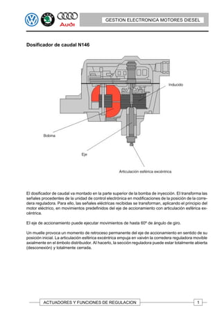 GESTION ELECTRONICA MOTORES DIESEL




Dosificador de caudal N146




El dosificador de caudal va montado en la parte superior de la bomba de inyección. EI transforma las
señales procedentes de la unidad de control electrónica en modificaciones de la posición de la corre-
dera reguladora. Para ello, las señales eléctricas recibidas se transforman, aplicando el principio del
motor eléctrico, en movimientos predefinidos del eje de accionamiento con articulación esférica ex-
céntrica.

EI eje de accionamiento puede ejecutar movimientos de hasta 60º de ángulo de giro.

Un muelle provoca un momento de retroceso permanente del eje de accionamiento en sentido de su
posición inicial. La articulación esférica excéntrica empuja en vaivén la corredera reguladora movible
axialmente en el émbolo distribuidor. AI hacerlo, la sección reguladora puede estar totalmente abierta
(desconexión) y totalmente cerrada.




         ACTUADORES Y FUNCIONES DE REGULACION                                                    1
 