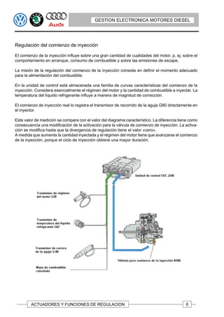 GESTION ELECTRONICA MOTORES DIESEL




Regulación del comienzo de inyección

EI comienzo de la inyección influye sobre una gran cantidad de cualidades del motor, p, ej, sobre el
comportamiento en arranque, consumo de combustible y sobre las emisiones de escape.

La misión de la regulación del comienzo de la inyección consiste en definir el momento adecuado
para la alimentación del combustible.

En la unidad de control está almacenada una familia de curvas características del comienzo de la
inyección. Considera esencialmente el régimen del motor y la cantidad de combustible a inyectar. La
temperatura del líquido refrigerante influye a manera de magnitud de corrección.

EI comienzo de inyección real lo registra el transmisor de recorrido de la aguja G80 directamente en
el inyector.

Este valor de medición se compara con el valor del diagrama característico. La diferencia tiene como
consecuencia una modificación de la activación para la válvula de comienzo de inyección. La activa-
ción se modifica hasta que la divergencia de regulación tiene el valor «cero».
A medida que aumenta la cantidad inyectada y el régimen del motor tiene que avanzarse el comienzo
de la inyección, porque el ciclo de inyección obtiene una mayor duración.




        ACTUADORES Y FUNCIONES DE REGULACION                                                 6
 