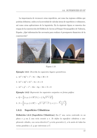 1.6. SUPERFICIES EN R3
La importancia de reconocer estas supercies, así como las regiones sólidas que
podrían delimitar, radica en la necesidad de calcular áreas de supercies o volúmenes,
así como otras aplicaciones de la ingeniería. En la siguiente gura se muestra dos
etapas de la construcción del Edicio de Acceso al Parque Oceanográco de Valencia,
España. ¾Qué información fue necesaria para realizar el presupuesto nanciero de la
construcción?
Figura 1.13
Ejemplo 1.6.1 Describa los siguientes lugares geométricos.
a. 4x2
+ 9y2
+ z2
− 8x − 36y + 36 = 0
b. 2x2
+ 2y2
+ 2z2
− 8x + 6 = 0
c. 4x2
+ y2
− z2
− 16x − 6y − 16z + 9 = 0
Ejemplo 1.6.2 Represente los siguientes conjuntos en forma gráca:
a. Q = (x, y, z) ∈ R3
/2 ≤ z ≤ 2 x2 + y2 .
b. S = (x, y, z) ∈ R3
/ − 1 − y2 − z2 ≤ x ≤ 1 −
y2
+ z2
3
.
1.6.2. Supercies Cilíndricas
Denición 1.6.2 (Supercies Cilíndricas) Sea C una curva contenida en un
plano π y sea L una recta secante a π. Se dene la supercie cilíndrica o sim-
plemente cilindro, con curva directriz C y recta generatriz L, a la unión de todas las
rectas paralelas a L y que intersecan a C.
17
 