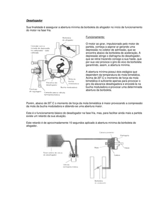 Desafogador 
Sua finalidade é assegurar a abertura mínima da borboleta do afogador no início de funcionamento 
do motor na fase fria. 
Funcionamento: 
O motor ao girar, impulsionado pelo motor de 
partida, começa a aspirar ar gerando uma 
depressão no coletor de admissão, que se 
encontra abaixo da borboleta de aceleração. A 
depressão atinge o diafragma do desafogador, 
que se retrai trazendo consigo a sua haste, que 
por sua vez provoca o giro do eixo da borboleta 
garantindo, assim, a abertura mínima. 
A abertura mínima possui dois estágios que 
dependem da temperatura do mola bimetálica. 
Acima de 20o.C o momento de força da mola 
bimetálica é suficiente apenas para provocar o 
giro da alavanca desafogadora e encostá-la na 
bucha moduladora e provocar uma determinada 
abertura da borboleta. 
Porém, abaixo de 20o.C o momento de força da mola bimetálica é maior provocando a compressão 
da mola da bucha moduladora e obtendo-se uma abertura maior. 
Este é o funcionamento básico do desafogador na fase fria, mas, para facilitar ainda mais a partida 
existe um retardo da sua atuação. 
Este retardo é de aproximadamente 10 segundos aplicado à abertura mínima da borboleta do 
afogador. 
 