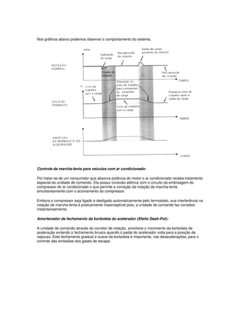 Nos gráficos abaixo podemos observar o comportamento do sistema. 
Controle da marcha-lenta para veículos com ar condicionado: 
Por tratar-se de um consumidor que absorve potência do motor o ar condicionado recebe tratamento 
especial da unidade de comando. Ela possui conexão elétrica com o circuito da embreagem do 
compressor do ar condicionado o que permite a correção da rotação da marcha-lenta 
simultaneamente com o acionamento do compressor. 
Embora o compressor seja ligado e desligado automaticamente pelo termostato, sua interferência na 
rotação de marcha-lenta é praticamente imperceptível pois, a unidade de comando faz correões 
instantaneamente. 
Amortecedor de fechamento da borboleta do acelerador (Efeito Dash-Pot): 
A unidade de comando através do corretor de rotação, amortece o movimento da borboleta de 
aceleração evitando o fechamento brusco quando o pedal do acelerador volta para a posição de 
repouso. Este fechamento gradual e suave da borboleta é importante, nas desacelerações, para o 
controle das emissões dos gases de escape. 
 