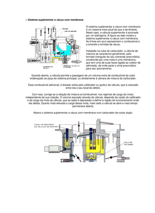 :: Sistema suplementar a vácuo com membrana 
O sistema suplementar a vácuo com membrana 
é um sistema mais atual do que a de êmbolo. 
Neste caso, a válvula suplementar é acionada 
por um diafragma. A figura ao lado mostra o 
sistema suplementar a vácuo com membrana. 
As linhas em azul representam o combustível e 
a amarelo a tomada de vácuo. 
Instalada na cuba do carburador, a válvula de 
máxima se caracteriza geralmente, pelo 
formato triangular do seu comando pneumático, 
constituído por uma mola e uma membrana, 
que tem uma de suas faces ligada ao coletor de 
admissão, de onde parte o sinal pneumático 
para seu acionamento. 
Quando aberta, a válvula permite a passagem de um volume extra de combustível da cuba 
endereçado ao poço do sistema principal, ou diretamente à câmara de mistura do carburador. 
Esse combustível adicional, é dosado antes pelo calibrador ou gicleur da válvula, que é colocado 
entre ela e seu local de débito. 
Com isso, corrige-se a relação de mistura ar/combustível, nos regimes de carga do motor, 
independente da sua rotação. O volume escoado através da válvula, depende da vazão do calibrador 
e da carga da mola da válvula, que se opõe à depressão e define a região de funcionamento onde 
ela debita. Quanto mais elevada a carga dessa mola, mais cedo a válvula se abre e mais tempo 
permanece aberta. 
Abaixo o sistema suplementar a vácuo com membrana num carburador de corpo duplo. 
 