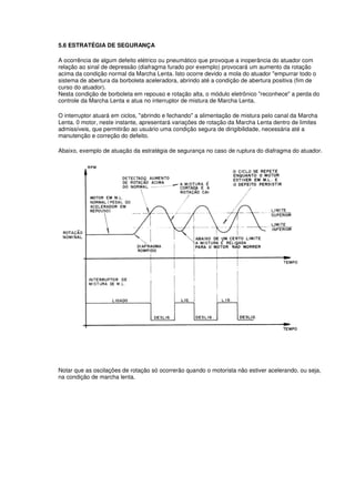 5.6 ESTRATÉGIA DE SEGURANÇA 
A ocorrência de algum defeito elétrico ou pneumático que provoque a inoperância do atuador com 
relação ao sinal de depressão (diafragma furado por exemplo) provocará um aumento da rotação 
acima da condição normal da Marcha Lenta. Isto ocorre devido a mola do atuador "empurrar todo o 
sistema de abertura da borboleta aceleradora, abrindo até a condição de abertura positiva (fim de 
curso do atuador). 
Nesta condição de borboleta em repouso e rotação alta, o módulo eletrônico "reconhece" a perda do 
controle da Marcha Lenta e atua no interruptor de mistura de Marcha Lenta. 
O interruptor atuará em ciclos, "abrindo e fechando" a alimentação de mistura pelo canal da Marcha 
Lenta. 0 motor, neste instante, apresentará variações de rotação da Marcha Lenta dentro de limites 
admissíveis, que permitirão ao usuário uma condição segura de dirigibilidade, necessária até a 
manutenção e correção do defeito. 
Abaixo, exemplo de atuação da estratégia de segurança no caso de ruptura do diafragma do atuador. 
Notar que as oscilações de rotação só ocorrerão quando o motorista não estiver acelerando, ou seja, 
na condição de marcha lenta. 
 