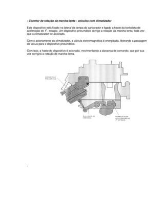 - Corretor de rotação da marcha-lenta - veículos com climatizador 
Este dispositivo está fixado na lateral da tampa do carburador e ligado a haste da borboleta de 
aceleração do 1o. estágio. Um dispositivo pneumático corrige a rotação da marcha-lenta, toda vez 
que o climatizador for acionado. 
Com o acionamento do climatizador, a válvula eletromagnética é energizada, liberando a passagem 
de vácuo para o dispositivo pneumático. 
Com isso, a haste do dispositivo é acionada, movimentando a alavanca de comando, que por sua 
vez corrigirá a rotação de marcha-lenta. 
. 
 