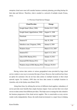Kurra Srirekha
10
enterprise cloud users must still consider business continuity planning, providing backup for
their data and failover. Therefore, what is needed is a network of multiple clouds (Veena,
2013).
1.1 Previous Cloud Service Outages
Having various data centres at various geographical areas provided by large cloud
service vendors is one way to overcome this type of issue. However, that would not have been
an option for customers who do not have data centres in multiple locations in their cloud
network region. For instance, AWS does not have data centres in multiple locations in
Australia, only in the Sydney area (Head, 2016).
Along these lines, by utilising the services of different cloud suppliers, redundancy of
service provides more benefits than simply business impact. Users can host their own cloud
servers on data centres from different providers. This helps users to manage the risks related to
the business progression of the cloud service supplier. This is conceivable as every service
vendor works independently. Hence, the multi-cloud environment is a major focus in helping
 
