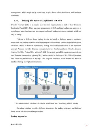 Kurra Srirekha
19
management, which ought to be considered to give better client fulfillment and business
continuity.
2.3.1. Backup and Failover Approaches in Cloud
Disaster recovery (DR) is a process used in most organisations as part of their Business
Continuity Plan (BCP). There are many components of BCP, and data backup and recovery is
one of them. Most databases and servers provide inbuilt backup and restore methods which are
easy to set up.
Failover is different from backup in that to handle a failover scenario, database
application and service backup is mandatory to provide continuous connectivity from the point
of failure. Hence in failover architecture, backup and database replication is an important
concept. Amazon provides database connectivity for six familiar databases (Oracle, Amazon
Aurora, MySQL, PostgreSQL, Microsoft SQL Server and MariaDB). Amazon Aurora is its
own database management system (DBS), and according to Amazon (AWS, 2016) it provides
five times the performance of MySQL. The diagram illustrated below shows the Amazon
database backup and replication scenario.
2.5 Amazon Aurora Database Backup for Replication and Clustering (Source: AWS)
The cloud platform provides different approaches for backup, recovery, and failover
based on the infrastructure of organisations.
Backup Approaches
 