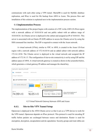 Kurra Srirekha
32
communicate with each other using a VPN tunnel. MariaDB is used for MySQL database
replication, and IPsec is used for file backup from AWS to Azure. The process flow and
installation of this solution is explained next in the implementation process section.
4.4.Implementation Process
The implementation of the project begins with creation of a VPC in the AWS US-West region
with a network address of 10.0.0.0/16 and one public subnet with an address range of
10.0.0.0/24. An Ubuntu server is deployed in the subnet and assigned an IP of 10.0.0.61. This
server is associated with an Elastic IP (EIP) address to access the Ubuntu server by using the
SSH command line interface. The EIP is required to connect with the Azure network.
A virtual network (VNet), similar to VPC in AWS, is created in the Azure US-East
region with a network address of 172.16.0.0/16 and an added subnet with network address
172.16.1.0/24. The Ubuntu server is deployed in the virtual network and assigned the IP
address of 172.16.1.5. The configuration of site-to-site connectivity is set by using EIP and the
address space of AWS. A virtual network gateway is created as shown in the screenshot below,
which generates a virtual gateway IP address and manages the shared key.
4.3 Virtual Network Gateway between AWS and Azure
4.4.1. Site-to-Site VPN Tunnel Setup
Openswan is deployed in the AWS Ubuntu server so that it acts as a VPN device to work for
the VPN tunnel. Openswan depends on IPsec protocol. This protocol is used for encoding IP
traffic before packets are exchanged between source and destination. Router is used for
encryption, decryption, encapsulation and de-capsulation. Security groups and route tables are
 