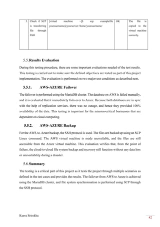 Kurra Srirekha
42
3. Check if SCP
is transferring
file through
SSH
[virtual machine ~]$ scp examplefile
yourusername@yourserver:/home/yourusername/
OK The file is
copied to the
virtual machine
correctly.
5.5.Results Evaluation
During this testing procedure, there are some important evaluations needed of the test results.
This testing is carried out to make sure the defined objectives are tested as part of this project
implementation. The evaluation is performed on two major test conditions as described next.
5.5.1. AWS-AZURE Failover
The failover is performed using the MariaDB cluster. The database on AWS is failed manually,
and it is evaluated that it immediately fails over to Azure. Because both databases are in sync
with the help of replication services, there was no outage, and hence they provided 100%
availability of the data. This testing is important for the mission-critical businesses that are
dependent on cloud computing.
5.5.2. AWS-AZURE Backup
For the AWS-to-Azure backup, the SSH protocol is used. The files are backed up using an SCP
Linux command. The AWS virtual machine is made unavailable, and the files are still
accessible from the Azure virtual machine. This evaluation verifies that, from the point of
failure, the cloud-to-cloud file system backup and recovery still function without any data loss
or unavailability during a disaster.
5.6.Summary
The testing is a critical part of this project as it tests the project through multiple scenarios as
defined in the test cases and provides the results. The failover from AWS to Azure is achieved
using the MariaDB cluster, and file system synchronisation is performed using SCP through
the SSH protocol.
 