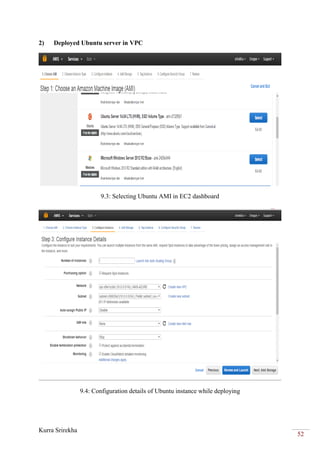 Kurra Srirekha
52
2) Deployed Ubuntu server in VPC
9.3: Selecting Ubuntu AMI in EC2 dashboard
9.4: Configuration details of Ubuntu instance while deploying
 