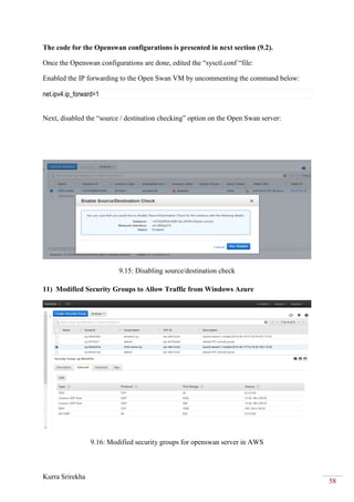 Kurra Srirekha
58
The code for the Openswan configurations is presented in next section (9.2).
Once the Openswan configurations are done, edited the “sysctl.conf “file:
Enabled the IP forwarding to the Open Swan VM by uncommenting the command below:
net.ipv4.ip_forward=1
Next, disabled the “source / destination checking” option on the Open Swan server:
9.15: Disabling source/destination check
11) Modified Security Groups to Allow Traffic from Windows Azure
9.16: Modified security groups for openswan server in AWS
 