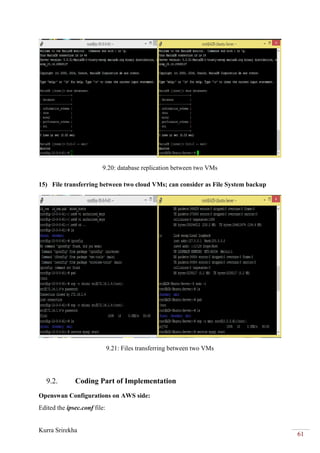 Kurra Srirekha
61
9.20: database replication between two VMs
15) File transferring between two cloud VMs; can consider as File System backup
9.21: Files transferring between two VMs
9.2. Coding Part of Implementation
Openswan Configurations on AWS side:
Edited the ipsec.conf file:
 
