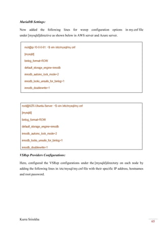 Kurra Srirekha
65
MariaDB Settings:
Now added the following lines for wsrep configuration options in my.cnf file
under [mysqld]directive as shown below in AWS server and Azure server.
VSRep Providers Configurations:
Here, configured the VSRep configurations under the [mysqld]directory on each node by
adding the following lines in /etc/mysql/my.cnf file with their specific IP address, hostnames
and root password.
 