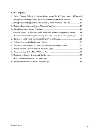 Kurra Srirekha
6
List of Figures
1.1 Sydney Strom at Collaroy in Northen Sydney Impacted AWS Cloud (Source: SBS.com) 9
2.1 Multiple clustered applications before failover (Source: Microsoft TechNet)..................16
2.2 Multiple clustered applications after failover (Source: Microsoft TechNet).....................16
2.3 Network Loan Balancing (Source: Microsoft TechNet)....................................................17
2.4 Cloud Computing (Source: Wikipedia) .............................................................................18
2.5 Amazon Aurora Database Backup for Replication and Clustering (source: AWS) ..........19
2.6 Use of Multi Cloud Configuration using AWS and Azure (Source: Google Images).......24
2.7 Failover in Multi-Cloud Environment(Soure: Google Images).........................................24
4.1 Solution Structure For Backup and Failover .....................................................................31
4.2 Architectural Design of AWS and Azure Cloud to Cloud Connectivity...........................31
4.3 Virtual Network Gateway between AWS and Azure ........................................................32
5.1 Communicating Both VMs of AWS and Azure ................................................................38
5.2 Database Replication Between AWS and Azure...............................................................39
5.3 File Transferring Between AWS and Azure......................................................................41
6.1 Cloud to Cloud Load Balancer – Future Scope .................................................................44
 