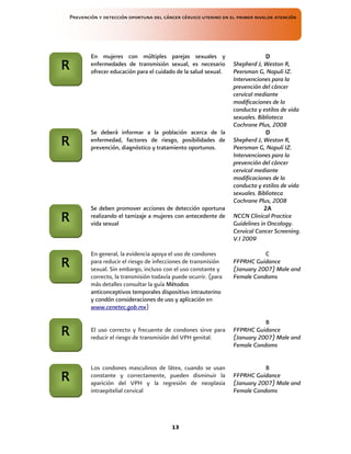 Prevención y detección oportuna del cáncer cérvico uterino en el primer nivelde atención
13
En mujeres con múltiples parejas sexuales y
enfermedades de transmisión sexual, es necesario
ofrecer educación para el cuidado de la salud sexual.
D
D
D
D
Shepherd J, Weston R,
Peersman G, Napuli IZ.
Intervenciones para la
prevención del cáncer
cervical mediante
modificaciones de la
conducta y estilos de vida
sexuales. Biblioteca
Cochrane Plus, 2008
Se deberá informar a la población acerca de la
enfermedad, factores de riesgo, posibilidades de
prevención, diagnóstico y tratamiento oportunos.
D
D
D
D
Shepherd J, Weston R,
Peersman G, Napuli IZ.
Intervenciones para la
prevención del cáncer
cervical mediante
modificaciones de la
conducta y estilos de vida
sexuales. Biblioteca
Cochrane Plus, 2008
Se deben promover acciones de detección oportuna
realizando el tamizaje a mujeres con antecedente de
vida sexual
2A
2A
2A
2A
NCCN Clinical Practice
Guidelines in Oncology.
Cervical Cancer Screening.
V.I 2009
En general, la evidencia apoya el uso de condones
para reducir el riesgo de infecciones de transmisión
sexual. Sin embargo, incluso con el uso constante y
correcto, la transmisión todavía puede ocurrir. (para
más detalles consultar la guía Métodos
anticonceptivos temporales dispositivo intrauterino
y condón consideraciones de uso y aplicación en
www.cenetec.gob.mx)
C
FFPRHC Guidance
(January 2007) Male and
Female Condoms
El uso correcto y frecuente de condones sirve para
reducir el riesgo de transmisión del VPH genital.
B
FFPRHC Guidance
(January 2007) Male and
Female Condoms
Los condones masculinos de látex, cuando se usan
constante y correctamente, pueden disminuir la
aparición del VPH y la regresión de neoplasia
intraepitelial cervical
B
FFPRHC Guidance
(January 2007) Male and
Female Condoms
R
R
R
R
R
R
R
R
R
R
R
R
R
R
R
R
R
R
R
R
R
R
R
R
 