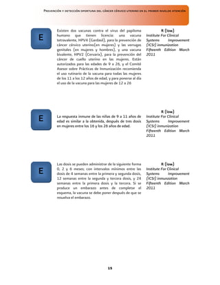Prevención y detección oportuna del cáncer cérvico uterino en el primer nivelde atención
15
Existen dos vacunas contra el virus del papiloma
humano que tienen licencia: una vacuna
tetravalente, HPV4 (Gardasil), para la prevención de
cáncer cérvico uterino(en mujeres) y las verrugas
genitales (en mujeres y hombres), y una vacuna
bivalente, HPV2 (Cervarix), para la prevención del
cáncer de cuello uterino en las mujeres. Están
autorizados para las edades de 9 a 26, y el Comité
Asesor sobre Prácticas de Inmunización recomienda
el uso rutinario de la vacuna para todas las mujeres
de los 11 a los 12 años de edad, y para ponerse al día
el uso de la vacuna para las mujeres de 12 a 26
R
R
R
R (low)
(low)
(low)
(low)
Institute For Clinical
Systems Improvement
(ICSI) inmunization
Fifteenth Edition March
2011
La respuesta inmune de las niñas de 9 a 11 años de
edad es similar a la obtenida, después de tres dosis
en mujeres entre los 16 y los 26 años de edad.
R
R
R
R (low)
(low)
(low)
(low)
Institute For Clinical
Systems Improvement
(ICSI) inmunization
Fifteenth Edition March
2011
Las dosis se pueden administrar de la siguiente forma
0, 2 y 6 meses; con intervalos mínimos entre las
dosis de 4 semanas entre la primera y segunda dosis,
12 semanas entre la segunda y tercera dosis, y 24
semanas entre la primera dosis y la tercera. Si se
produce un embarazo antes de completar el
esquema, la vacuna se debe poner después de que se
resuelva el embarazo.
R
R
R
R (low)
(low)
(low)
(low)
Institute For Clinical
Systems Improvement
(ICSI) inmunzation
Fifteenth Edition March
2011
E
E
E
E
E
E
E
E
E
E
E
E
 