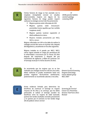 Prevención y detección oportuna del cáncer cérvico uterino en el primer nivelde atención
19
Ciertos factores de riesgo se han asociado con la
neoplasia intraepitelial cervical en estudios
observacionales; mujeres con alguno de los
siguientes factores de riesgo pueden requerir
realizarse la citología cervical más frecuentemente:
• Mujeres quienes están infectadas de VIH
• Mujeres quienes están inmunocom-
prometidas (como aquellas que han recibido
trasplante renal)
• Mujeres quienes tuvieron exposición al
dietil-estilbestrol en útero.
• Mujeres tratadas previamente por NIC2,
NIC3 o cáncer.
Mujeres infectadas con VIH se les debe de realizar la
citología cervical dos veces en el primer año, después
del diagnóstico y anualmente en los años siguientes.
Mujeres tratadas en el pasado por NIC2, NIC3,
cáncer siguen estando en riesgo por persistencia de
la enfermedad o recurrencia por lo menos 20 años
después del tratamiento y después del pos
tratamiento de vigilancia, y deben de continuar con
el tamizaje anual por lo menos durante 20 años.
III
ACOG practice bulletin
cervical cytology
screening 2009
Se recomienda que las mujeres que no se han
realizado una citología cervical en más de cinco años,
deban realizarse la prueba anualmente hasta tres
pruebas negativas técnicamente satisfactorias,
posteriormente se recomienda cada dos o tres años.
C
C
C
C
Ontario Cervical Screening
Program Ginecology
Cancer disease group
NGC 2007
Existe evidencia limitada para determinar los
beneficios de continuar el tamizaje en mujeres
mayores de 65 años y se concluye, que los daños
potenciales al realizar el tamizaje exceden los
beneficios entre las mujeres de edad avanzada,
quienes han tenido resultados normales previamente
y en quienes por el contrario no han tenido riesgo
alto de padecer cáncer cervical
A
A
A
A
Screening for Cervical
Cancer U.S. Preventive
Services Task Force 2011
Revised
R
R
R
R
R
R
R
R
E
E
E
E
 