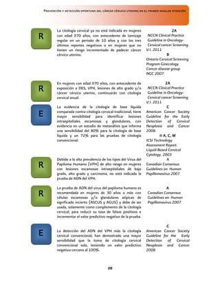 Prevención y detección oportuna del cáncer cérvico uterino en el primer nivelde atención
20
La citología cervical ya no está indicada en mujeres
con edad ≥70 años, con antecedente de tamizaje
regular en un periodo de 10 años y con los tres
últimos reportes negativos o en mujeres que no
tienen un riesgo incrementado de padecer cáncer
cérvico uterino.
2A
2A
2A
2A
NCCN Clinical Practice
Guideline in Oncology-
Cervical cancer Screening.
V.I. 2011
B
B
B
B
Ontario Cervical Screening
Program Ginecology
Cancer disease group
NGC 2007
En mujeres con edad ≥70 años, con antecedente de
exposición a DES, VPH, lesiones de alto grado y/o
cáncer cérvico uterino, continuarán con citología
cervical anual.
2A
2A
2A
2A
NCCN Clinical Practice
Guideline in Oncology-
Cervical cancer Screening.
V.I. 2011
La evidencia de la citología de base líquida
comparada contra citología cervical tradicional, tiene
mayor sensibilidad para identificar lesiones
intraepiteliales escamosas y glandulares, con
evidencia en un estudio de metanálisis que informa
una sensibilidad del 80% para la citología de base
líquida y un 72% para las pruebas de citología
convencional.
C
C
C
C
American Cancer Society
Guideline for the Early
Detection of Cervical
Neoplasia and Cancer
2008.
II A, C, M
II A, C, M
II A, C, M
II A, C, M
ICSI Technology
Assessment Report.
Liquid-Based Cervical
Cytology. 2003
Debido a la alta prevalencia de los tipos del Virus del
Papiloma Humano (VPH) de alto riesgo en mujeres
con lesiones escamosas intraepiteliales de bajo
grado, alto grado y carcinoma, no está indicada la
prueba de ADN del VPH.
A
Canadian Consensus
Guidelines on Human
Papillomavirus 2007
La prueba de ADN del virus del papiloma humano es
recomendada en mujeres de 30 años o más con
células escamosas y/o glandulares atípicas de
significado incierto (ASCUS y AGUS) y debe de ser
usada, solamente como complemento de la citología
cervical, para reducir su tasa de falsos positivos e
incrementar el valor predictivo negativo de la prueba.
A
A
A
A
Canadian Consensus
Guidelines on Human
Papillomavirus 2007
La detección del ADN del VPH más la citología
cervical convencional, han demostrado una mayor
sensibilidad que la toma de citología cervical
convencional sola, teniendo un valor predictivo
negativo cercano al 100%.
C
C
C
C
American Cancer Society
Guideline for the Early
Detection of Cervical
Neoplasia and Cancer
2008.
R
R
R
R
R
R
R
R
E
E
E
E
R
R
R
R
R
R
R
R
E
E
E
E
 