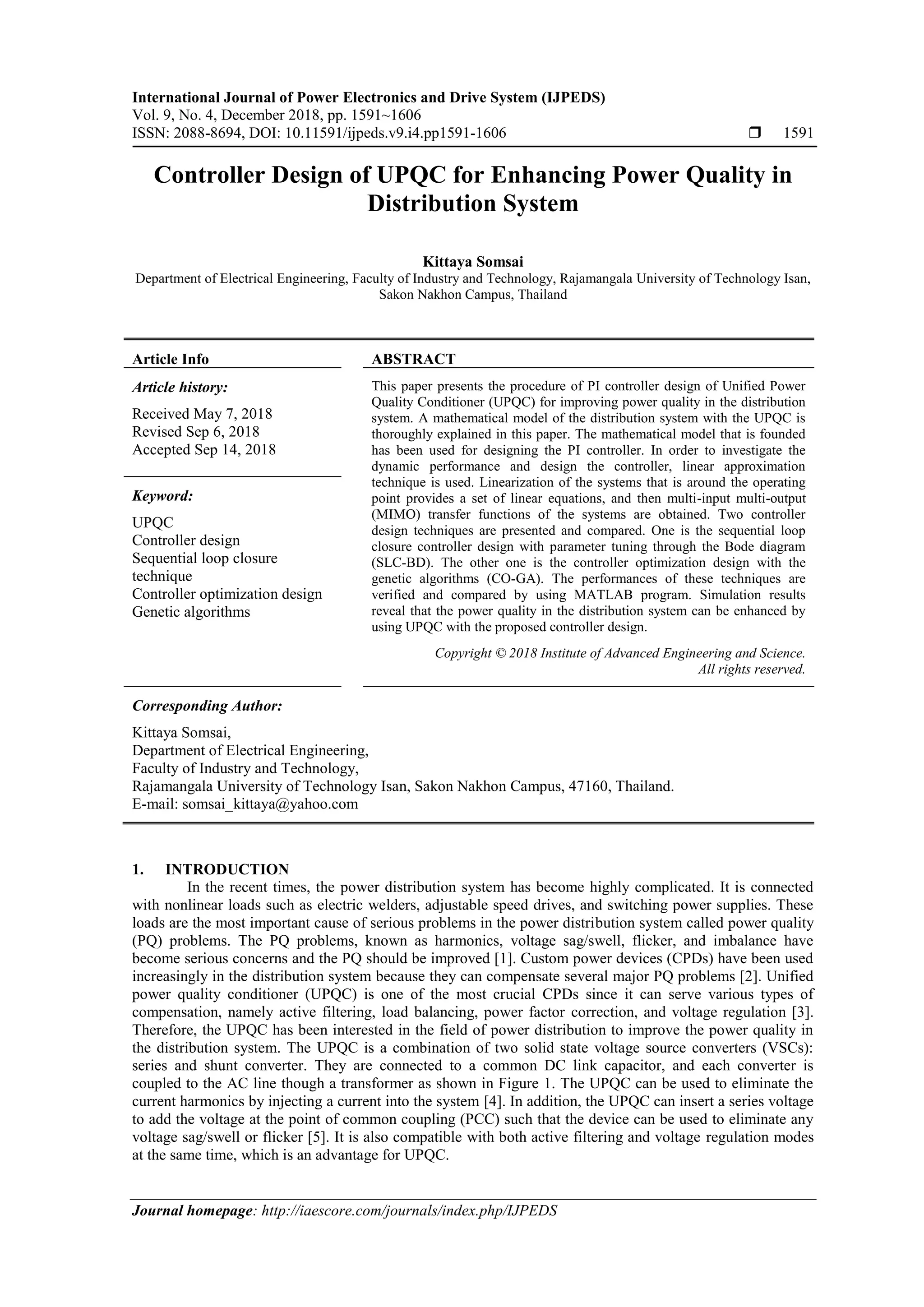 Controller Design of UPQC for Enhancing Power Quality in Distribution ...