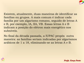 Existem, atualmente, duas maneiras de identificar as
famílias ou grupos. A mais comum é indicar cada
família por um algarismo romano, seguido de letras A
e B, por exemplo, IA, IIA, VB. Essas letras A e B
indicam a posição do elétron mais energético nos
subníveis.
No final da década passada, a IUPAC propôs outra
maneira: as famílias seriam indicadas por algarismos
arábicos de 1 a 18, eliminando-se as letras A e B.




                                          Profa. Graça Porto
 