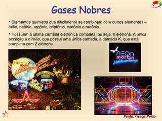  Elementos químicos que dificilmente se combinam com outros elementos –
hélio, neônio, argônio, criptônio, xenônio e radônio.
 Possuem a última camada eletrônica completa, ou seja, 8 elétrons. A única
exceção é o hélio, que possui uma única camada, a camada K, que está
completa com 2 elétrons.




                                                              Profa. Graça Porto
 