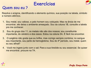 Resolva o enigma, identificando o elemento químico, sua posição na tabela, símbolo
e número atômico.

1. Sou metal, sou valioso, e pelo homem sou cobiçado; Mas na ânsia de me
   encontrar, ele deixa o ambiente ameaçado. Sou da coluna 1B, consulte a tabela
   pra me conhecer.
2. Sou do grupo dos 11, os metais não são dos nossos; sou constituinte
   importante, do cérebro e dos ossos. Estou na coluna 5A. É fácil me encontrar.
3. O oxigênio não gosta que eu brilhe, mas comigo sempre combina; no sangue
   sou importante, sou parte da hemoglobina. Sou do 4º período, sou metal, quem
   eu sou afinal?
4. Você me ingere junto com o sal; Para a sua tireóide eu sou essencial. Se quiser
   me encontrar, procure na 7A.




                                                                Profa. Graça Porto
 