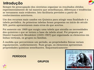 Introdução
Sempre foi preocupação dos cientistas organizar os resultados obtidos
experimentalmente de tal maneira que semelhanças, diferenças e tendências
se tornassem mais evidentes. Isto facilitaria previsões a partir de
conhecimentos anteriores.
Um dos recursos mais usados em Química para atingir essa finalidade é a
tabela periódica. As primeiras tabelas foram propostas no início do século
XIX; porém apresentavam mais erros do que acertos.
Foi somente em 1869 que surgiu uma tabela que atendia as necessidades
dos químicos e que se tornou a base da tabela atual. Foi proposta por
Dimitri Ivanovitch Mendeleev (1834-1907) que organizada os elementos em
linhas verticais, os grupos ou famílias.
À medida que percorremos um período, as propriedades físicas variam
regularmente, uniformemente. Num grupo, os elementos apresentam
propriedades químicas semelhantes. Esquematicamente:


        PERÍODOS
                              GRUPOS

                                                           Profa. Graça Porto
 