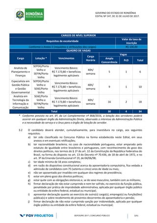 GOVERNO DO ESTADO DE RONDÔNIA
EDITAL Nº 147, DE 31 DE JULHO DE 2017.
SEPOG/RO 2017 | CONCURSO PÚBLICO 3/41
* Conforme previsto no art. 6º, da Lei Complementar nº 868/2016, a lotação dos servidores poderá
ocorrer em qualquer órgão da Administração Direta, observado o interesse da Administração Pública
e a necessidade do serviço e o ônus para o órgão de lotação do servidor.
3.2 O candidato deverá atender, cumulativamente, para investidura no cargo, aos seguintes
requisitos:
a) ter sido classificado no Concurso Público na forma estabelecida neste Edital, em seus
anexos e em eventuais retificações;
b) ter nacionalidade brasileira; no caso de nacionalidade portuguesa, estar amparado pelo
estatuto de igualdade entre brasileiros e portugueses, com reconhecimento do gozo dos
direitos políticos, nos termos do § 1º do art. 12 da Constituição da República Federativa do
Brasil, na forma do disposto no art. 13 do Decreto nº 70.436, de 18 de abril de 1972, e no
art. 3º da Emenda Constitucional nº 19, de 04/06/98;
c) ter idade mínima de 18 anos completos;
d) em razão do dispositivo constitucional acerca da aposentadoria compulsória, fica vedada a
admissão de candidatos com 75 (setenta e cinco) anos de idade ou mais;
e) não ser aposentado por invalidez em qualquer dos regimes de previdência;
f) estar em pleno gozo dos direitos políticos;
g) estar quite com as obrigações eleitorais e, se do sexo masculino, também com as militares;
h) firmar declaração de não estar cumprindo e nem ter sofrido, no exercício da função pública,
penalidade por prática de improbidade administrativa, aplicada por qualquer órgão público
ou entidade da esfera federal, estadual ou municipal;
i) apresentar declaração quanto ao exercício de outro(s) cargo(s), emprego(s) ou função(ões)
pública(s) e sobre recebimento de proventos decorrentes de aposentadoria e pensão;
j) firmar declaração de não estar cumprindo sanção por inidoneidade, aplicada por qualquer
órgão público ou entidade da esfera federal, estadual ou municipal;
CARGOS DE NÍVEL SUPERIOR
Requisitos de escolaridade
Valor da taxa de
inscrição
Conforme o Anexo II (requisitos e atribuições dos cargos) R$ 100,00
QUADRO DE VAGAS
Cargo Lotação * Vencimentos
Carga
Horária
Vagas
Ampla
Concorrência
PcD Total
Analista de
Planejamento e
Finanças
SEPOG/Porto
Velho e
SEFIN/Porto
Velho
Vencimento Básico:
R$ 7.173,80 + benefícios
legalmente aplicáveis
40h/
semana
5 1 6
Especialista em
Gestão Pública
e Gestão
Governamental
SEPOG/Porto
Velho e
SEAE/Porto
Velho
Vencimento Básico:
R$ 7.173,80 + benefícios
legalmente aplicáveis
40h/
semana
9 1 10
Analista em
Tecnologia da
Informação e
Comunicação
SEAE/Porto
Velho e
SEFIN/Porto
Velho
Vencimento Básico:
R$ 7.173,80 + benefícios
legalmente aplicáveis
40h/
semana
16 2 18
Total 30 4 34
 