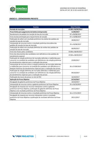 GOVERNO DO ESTADO DE RONDÔNIA
EDITAL Nº 147, DE 31 DE JULHO DE 2017.
SEPOG/RO 2017 | CONCURSO PÚBLICO 41/41
ANEXO III – CRONOGRAMA PREVISTO
Eventos Data Prevista
Período de inscrições 07/08 a 06/09/2017
Prazo limite para pagamento do boleto (reimpressão) 11/09/2017
Recebimento de pedidos de isenção da taxa de inscrição 07 a 09/08/2017
Envio da documentação para requerimento de isenção 07 a 10/08/2017
Publicação do edital com resultado preliminar da análise dos pedidos de
isenção da taxa de inscrição
28/08/2017
Interposição de recursos contra o resultado preliminar da análise dos
pedidos de isenção da taxa de inscrição
29 a 30/08/2017
Publicação do edital com resultado definitivo da análise dos pedidos de
isenção da taxa de inscrição
06/09/2017
Envio dos títulos pelos candidatos 07/08 a 08/09/2017
Envio dos documentos dos candidatos com deficiência e dos pedidos de
atendimento especial
07/08 a 08/09/2017
Publicação da relação preliminar de inscrições deferidas e indeferidas para
concorrer na condição de candidato com deficiência e da relação preliminar
de atendimentos especiais para a realização das provas
25/09/2017
Interposição de recursos contra a relação preliminar de inscrições deferidas
e indeferidas para concorrer na condição de candidato com deficiência e a
Relação Preliminar de atendimentos especiais para a realização das provas
26 a 27/09/2017
Publicação da relação definitiva de inscrições deferidas e indeferidas para
concorrer na condição de candidato com deficiência e da relação definitiva
de atendimentos especiais para a realização das provas
04/10/2017
Publicação dos locais de provas no site da FGV 16/10/2017
Aplicação da Prova Objetiva 22/10/2017
Divulgação do gabarito preliminar da Prova Objetiva 24/10/2017
Interposição de recursos contra o gabarito preliminar da Prova Objetiva 25 a 26/10/2017
Divulgação da resposta aos recursos interpostos contra o gabarito
preliminar da Prova Objetiva, publicação do gabarito definitivo da Prova
Objetiva e do resultado preliminar da Prova Objetiva
14/11/2017
Interposição de recursos contra o resultado preliminar da Prova Objetiva 16 a 17/11/2017
Divulgação da resposta aos recursos interpostos contra o resultado
preliminar da Prova Objetiva e publicação do resultado definitivo da Prova
Objetiva
29/11/2017
 