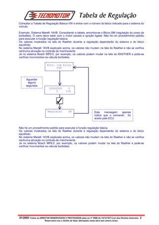 Tabela de Regulação
Consultar a Tabela de Regulação Básica VW e entrar com o número do bloco indicado para o sistema do
veículo.

Exemplo: Sistema Marelli 1AVB. Consultando a tabela, encontra-se o Bloco 098 (regulação do corpo da
borboleta). O carro deve estar com o motor parado e ignição ligada. Não há um procedimento padrão
para executar a função regulação básica.
Os valores mostrados na tela do Rasther durante a regulação dependerão do sistema e do bloco
escolhido.
No sistema Marelli 1AVB explicado acima, os valores não mudam na tela do Rasther e não se verifica
nenhuma ativação no controle de marcha-lenta.
Já no sistema Bosch MP9.0, por exemplo, os valores podem mudar na tela do RASTHER e pode-se
verificar movimentos na válvula borboleta.

                         Entr. com bloco
                               098



      Aguardar
       alguns
      segundos
                           00000000          0
                               0           128




                         Regulacao            OK                       Esta    mensagem   apenas
                                                                       indica que o comando foi
                                                                       aceito pela ECU.


Não há um procedimento padrão para executar a função regulação básica.
Os valores mostrados na tela do Rasther durante a regulação dependerão do sistema e do bloco
escolhido.
No sistema Marelli 1AVB explicado acima, os valores não mudam na tela do Rasther e não se verifica
nenhuma ativação no controle de marcha-lenta.
Já no sistema Bosch MP9.0, por exemplo, os valores podem mudar na tela do Rasther e pode-se
verificar movimentos na válvula borboleta.




01/2005 Todos os DIREITOS RESERVADOS E PROTEGIDOS pela Lei nº 5988 de 14/12/1973 (Lei dos Direitos Autorais). 2
                       Reservamo-nos o direito de fazer alterações nesta obra sem prévio aviso.
 