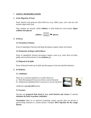    USEFUL MICROORGANISMS

1. In the Digestion of Food

    Some bacteria and protozoa help herbivores (e.g: rabbit, goat, cows and etc) and
    termites digest their food

    They produce an enzyme called cellulose to help herbivores and termites digest
    cellulose into glucose
                                     enzyme
                           cellulose cellulase    glucose

2. In Decay

    2.1 Formation of humus

    Some of saprophytic bacteria and fungi decompose organic matter into humus

    2.2 Production of biogas and fertilizers

    Some of saprophytic bacteria decompose organic waste (e.g: waste from oil palm,
    paddy and coconut) and turn it into methane gas

    2.3 Disposal of oil spills

    Some of bacteria break up oil spills and decompose it into less harmful substance.

3. In Medicine

    3.1 Antibiotics

    There are 2 common antibiotics in world, which are:
    a) Penicillin (prepared from penicillium notatum bacteria)
    b) Streptomycin (prepared from streptomyces griseus bacteria)

    Antibiotics can only kill bacteria

    3.2 Vaccines

    Vaccines are prepared from dead or very weak bacteria and viruses. It used to
    stimulate the body to produce antibodies.

    Vaccination refers to an injection containing certain vaccines that can prevent a
    person being infected to a certain disease. Example: BCG injection for dry cough
    disease.
 