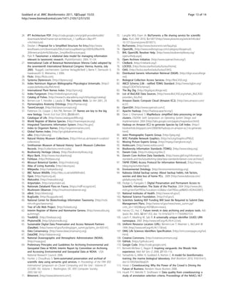 Goddard et al. BMC Bioinformatics 2011, 12(Suppl 15):S5                                                                                               Page 13 of 14
http://www.biomedcentral.com/1471-2105/12/S15/S5




24. IPT Architecture PDF. [http://code.google.com/p/gbif-providertoolkit/            72. Langille MGI, Eisen JA: BioTorrents: a file sharing service for scientific
    downloads/detail?name=ipt-architecture_1.1.pdf&can=2&q=IPT                            data. PLoS ONE 2010, 5:e10071[http://www.plosone.org/article/info:doi/
    +Architecture].                                                                       10.1371/journal.pone.0010071].
25. Doolan J: Proposal for a Simplified Structure for Emu.[http://www.               73. BioTorrents. [http://www.biotorrents.net/faq.php].
    kesoftware.com/downloads/EMu/UserGroupMeetings/2005%20North%                     74. OpenURL. [http://www.exlibrisgroup.com/category/sfxopenurl].
    20American/john%20doolan_SimplifiedStructure.pps].                               75. BHL OpenURL Resolver Help. [http://www.biodiversitylibrary.org/
26. Pyle R: Taxonomer: a relational data model for managing information                   openurlhelp.aspx].
    relevant to taxonomic research. PhyloInformatics 2004, 1:1-54.                   76. Open Archives Initiative. [http://www.openarchives.org/].
27. International Code of Botanical Nomenclature (Vienna Code) adopted by            77. CiteBank. [http://citebank.org/].
    the seventeenth International Botanical Congress Vienna, Austria, July           78. LOCKSS. [http://lockss.stanford.edu/lockss/Home].
    2005. Ruggell, Liechtenstein: Gantner Verlag;McNeill J, Barrie F, Demoulin V,    79. OAIS. [http://lockss.stanford.edu/lockss/OAIS].
    Hawksworth D, Wiersema, J 2006:.                                                 80. Distributed Generic Information Retrieval (DiGIR). [http://digir.sourceforge.
28. Flickr. [http://flickr.com].                                                          net].
29. Systema Dipterorum. [http://diptera.org].                                        81. Biological Collection Access Services. [http://BioCASE.org].
30. Index Nominum Algarum Bibliographia Phycologica Universalis. [http://            82. ABCD Schema 2.06 - ratified TDWG Standard. [http://www.bgbm.org/
    ucjeps.berkeley.edu/INA.html].                                                        tdwg/CODATA/Schema/].
31. International Plant Names Index. [http://ipni.org].                              83. The Big Dig. [http://bigdig.ecoforge.net].
32. Index Fungorum. [http://indexfungorum.org].                                      84. List of BioCASE Data Sources. [http://www.BioCASE.org/whats_BioCASE/
33. Catalog of Fishes. [http://research.calacademy.org/ichthyology/catalog].              providers_list.cfm].
34. Berners-Lee T, Hendler J, Lassila O: The Semantic Web. Sci Am 2001, 29.          85. Amazon Elastic Compute Cloud (Amazon EC2). [http://aws.amazon.com/
35. Hymenoptera Anatomy Ontology. [http://hymao.org].                                     ec2/].
36. TaxonConcept. [http://lod.taxonconcept.org].                                     86. OpenSSH. [http://www.openssh.com/].
37. Patterson DJ, Cooper J, Kirk PM, Remsen DP: Names are key to the big             87. Apache Hadoop. [http://hadoop.apache.org/].
    new biology. Trends Ecol Evol 2010, 25:686-691.                                  88. Dean J, Ghemawat S: MapReduce: simplified data processing on large
38. Catalogue of Life. [http://www.catalogueoflife.org].                                  clusters. OSDI’04: Sixth Symposium on Operating System Design and
39. World Register of Marine Species. [http://marinespecies.org].                         Implementation 2004 [http://labs.google.com/papers/mapreduce.html].
40. Integrated Taxonomic Information System. [http://itis.gov].                      89. Hadoop on Amazon EC2 to generate Species by Cell Index. [http://
41. Index to Organism Names. [http://organismnames.com].                                  biodivertido.blogspot.com/2008/06/hadoop-on-amazon-ec2-to-generate.
42. Global Names Index. [http://gni.globalnames.org].                                     html].
43. uBio. [http://ubio.org].                                                         90. Joint Photographic Experts Group. [http://jpeg.org].
44. Natural History Museum Collections. [http://nhm.ac.uk/research-curation/         91. W3C Portable Network Graphics. [http://w3.org/Graphics/PNG/].
    collections].                                                                    92. Moving Picture Experts Group. [http://mpeg.chiariglione.org/].
45. Smithsonian Museum of Natural History: Search Museum Collection                  93. Vorbis.com. [http://www.vorbis.com/].
    Records. [http://collections.nmnh.si.edu].                                       94. Biodiversity Information Standards (TDWG). [http://www.tdwg.org].
46. Biodiversity Heritage Library. [http://biodiversitylibrary.org].                 95. Darwin Core. [http://rs.tdwg.org/dwc/].
47. Myco Bank. [http://www.mycobank.org].                                            96. Darwin Core Archive Data Standards. [http://www.gbif.org/informatics/
48. Fishbase. [http://fishbase.org].                                                      standards-and-tools/publishing-data/data-standards/darwin-core-archives/].
49. Missouri Botanical Garden. [http://mobot.org].                                   97. TAPIR (TDWG Access Protocol for Information Retrieval). [http://www.
50. Atlas of Living Australia. [http://ala.org.au].                                       tdwg.org/activities/tapir].
51. Wikipedia. [http://wikipedia.org].                                               98. Environmental Ontology. [http://environmentontology.org].
52. BBC Nature Wildlife. [http://bbc.co.uk/wildlifefinder].                          99. Kabooza Global backup survey: About backup habits, risk factors,
53. iSpot. [http://ispot.org.uk].                                                         worries and data loss of home PCs. 2009 [http://www.kabooza.com/
54. iNaturalist. [http://inaturalist.org].                                                globalsurvey.html].
55. Artportalen. [http://artportalen.se].                                            100. Hodge G, Frangakis E: Digital Preservation and Permanent Access to
56. Nationale Databank Flora en Fauna. [https://ndff-ecogrid.nl/].                        Scientific Information: The State of the Practice. 2004 [http://www.dtic.
57. Mushroom Observer. [http://mushroomobserver.org].                                     mil/cgi-bin/GetTRDoc?Location=U2&doc=GetTRDoc.pdf&AD=ADA432687].
58. eBird. [http://ebird.org].                                                       101. National Institutes of Health. [http://www.nih.gov/].
59. BugGuide. [http://bugguide.net].                                                 102. National Science Foundation. [http://nsf.gov/].
60. National Center for Biotechnology Information Taxonomy. [http://ncbi.            103. Scientists Seeking NSF Funding Will Soon Be Required to Submit Data
    nlm.nih.gov/taxonomy].                                                                Management Plans. [http://www.nsf.gov/news/news_summ.jsp?
61. Tree of Life Web Project. [http://tolweb.org].                                        cntn_id=116928&org=NSF&from=news].
62. Interim Register of Marine and Nonmarine Genera. [http://www.obis.org.           104. Harvey CC, Huc C: Future trends in data archiving and analysis tools. Adv
    au/irmng/].                                                                           Space Res 2003, 32:347-353, doi: 10.1016/S0273-1177(03)90273-0.
63. TreeBASE. [http://treebase.org].                                                 105. Leach P, Mealling M, Salz R: A universally unique identifier (UUID) URN
64. PhylomeDB. [http://phylomedb.org].                                                    namespace. 2005 [http://www.ietf.org/rfc/rfc4122.txt].
65. Sustainable Digital Data Preservation and Access Network Partners                106. Uniform Resource Locators (URL). Berners-Lee T, Masinter L, McCahill M
    (DataNet). [http://www.nsf.gov/funding/pgm_summ.jsp?pims_id=503141].                  1994 [http://www.ietf.org/rfc/rfc1738.txt].
66. Data Conservancy. [http://www.dataconservancy.org].                              107. OMG Life Sciences Identifiers Specification. [http://xml.coverpages.org/lsid.
67. DataONE. [http://dataone.org].                                                        html].
68. National Oceanographic and Atmospheric Administration (NOAA).                    108. Creative Commons. [http://creativecommons.org].
    [http://noaa.gov].                                                               109. GitHub. [https://github.com].
69. Preliminary Principles and Guidelines for Archiving Environmental and            110. Google Code. [http://code.google.com].
    Geospatial Data at NOAA: Interim Report by Committee on Archiving                111. Bennett-McNew C, Ragon B: Inspiring vanguards: the Woods Hole
    and Accessing Environmental and Geospatial Data at NOAA. USA:                         experience. Med Ref Serv Q 2008, 27:105-110.
    National Research Council; 2006.                                                 112. Yamashita G, Miller H, Goddard A, Norton C: A model for bioinformatics
70. Hunter J, Choudhury S: Semi-automated preservation and archival of                    training: the marine biological laboratory. Brief Bioinform 2010, 11:610-615,
    scientific data using semantic grid services. In Proceedings of the Fifth IEEE        doi:10.1093/bib/bbq029.
    International Symposium on Cluster Computing and the Grid - Volume 01            113. Howe J: Crowdsourcing: Why the Power of the Crowd Is Driving the
    (CCGRID ‘05). Volume 1. Washington, DC: IEEE Computer Society;                        Future of Business. Random House Business 2008.
    2005:160-167.                                                                    114. Hsueh P-Y, Melville P, Sindhwani V: Data quality from crowdsourcing: a
71. Bittorrent. [http://www.bittorrent.com/].                                             study of annotation selection criteria. Proceedings of the NAACL HLT
 