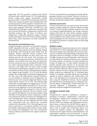 BMC Evolutionary Biology 2006, 6:99                                           http://www.biomedcentral.com/1471-2148/6/99



approaches. The first involved a reciprocal best BLAST          We were concerned that our strategy for locating ortholo-
[65] search with a cutoff E-value of 10-7 of Candida albicans   gous gene families was too liberal. Therefore, we also uti-
protein coding genes against unannotated Candida                lised a second stricter database search strategy that located
genomes (Table 1). Top BLAST hits longer than 300 nucle-        809 gene families [see additional file 1 &additional file 6].
otides were retained as putative open reading frames. The
second approach involved a pipeline of analysis that com-       Supertree reconstruction
bined several different gene prediction programs includ-        In total 4,805 input trees were used as source data for this
ing ab initio programs SNAP [66], Genezilla [67], and           supertree analysis. Using the supertree software package
AUGUSTUS [67] with gene models from Exonerate [68]              CLANN 3.0.3b1 [78] three supertree methods were used
and Genewise [69] based on alignments of proteins and           to reconstruct fungal phylogenies, the average consensus
Expressed sequence tags. The lines of evidence were             method (AV) [27], the most similar supertree analysis
merged into a single gene prediction using a combiner           (MSSA) method [21], and matrix representation with par-
GLEAN (AJ Mackey, Q Liu, FCN Pereira, DS Roos, unpub-           simony (MRP) [25,26]. Using CLANN 3.0.3b1, 100 boot-
lished data). These annotations are freely available for        strap resamplings were also carried out on the input data.
download [70].                                                  We tested for the presence of signal within our data using
                                                                the YAPTP test.
Reconstruction of individual gene trees
Fungal homologous sequences were identified using the           Multigene analysis
BLASTP algorithm [65] with a cutoff E-value of 10-7 by          All proteins from the genome sequences were compared
randomly selecting a sequence from the database, finding        with FASTP [79] to find orthologous genes via a best bi-
its homologs, and removing the entire family from the           directional strategy. The ortholog sets for each pair of spe-
database. Another randomly selected sequence from               cies were combined with single-linkage clustering to form
within the reduced database was then used as the new            multi-gene clusters of orthologs. In order to identify a set
starting point for the next search. This procedure was          of single-copy genes across all organisms, only those clus-
repeated until all sequences had been removed from the          ters with exactly one member per species were considered
database. Gene families with more than one representa-          for further analysis, we located 227 protein families that
tive from any species were not considered for further anal-     contain all fungal taxa. To help identify ohnologs and
ysis. Those remaining families with a minimum of four           possible paralogs (with reference to the genomes that
sequences, and longer than 100 amino acids in length            have undergone a genome duplication) we used the yeast
were selected for phylogenetic analysis. In total 5,316 pro-    genome browser [80,81] to filter out genes that have no
tein families met these criteria. Individual protein families   syntenic evidence. Overall 153 gene families were used for
were aligned using ClustalW 1.81 [71] with the default          further analysis [see additional file 2]. Individual gene
settings. The average length of each protein alignment was      families were aligned, manually edited and concatenated
697 sites. Due to the large number of protein families it       together to yield an alignment with 38,000 amino acid
was not possible to manually curate all alignments. We          sites. A ML phylogeny was reconstructed for this align-
therefore used only conserved alignment blocks, located         ment using the MultiPhyml software. Branch supports
using Gblocks version 0.91 b [72]. This filtering stage         were determined via bootstrapping. In an attempt to visu-
reduced the average length of our alignments to 214 sites.      alise the degree of phylogenetic conflict within this con-
Permutation tail probability tests (PTP) [73,74] were per-      catenated alignment a phylogenetic network was
formed on each alignment to test for the presence of evo-       generated using the NeighborNet method [82].
lutionary signal better than random (P < 0.01). We found
that 511 alignments failed the PTP test; therefore 4,805        Investigation of specific clades
were used for phylogenetic reconstruction analysis. Using       CTG clade
MultiPhyl [75] appropriate protein substitution models          The genomes of C. albicans, C. dubliniensis, C. tropicalis, C.
were selected and used to reconstruct ML phylogenies for        parapsilosis, D. hansenii, C. guilliermondii, C. lusitaniae and
each individual gene family. Bootstrap resampling was           the outgroup Y. lipolytica were combined to give a CTG
carried out 100 times on each alignment and the results         specific database. Data for L. elongisporus was retrieved
were summarised with the majority-rule consensus                from the NCBI trace database and coding genes were pre-
method with a threshold of 70%. These phylogenies were          dicted using a reciprocal best BLASTP search against C.
used as input data in our supertree analysis. To account        albicans. In total 2,146 gene families were longer than 100
for possible compositional biases within our data, neigh-       amino acids in length, with evolutionary signal, were
bor joining [76] phylogenies were also reconstructed            retained for supertree analysis. ML phylogenies were
based on distances derived from the LogDet transforma-          reconstructed for all gene families as described above, and
tion [77].                                                      representative supertrees were reconstructed. A concate-
                                                                nated alignment based on 1,208 genes containing all CTG


                                                                                                                    Page 11 of 15
                                                                                               (page number not for citation purposes)
 