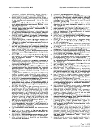 BMC Evolutionary Biology 2006, 6:99                                                              http://www.biomedcentral.com/1471-2148/6/99



      B, Scarpelli C, Gaillardin C, Weissenbach J, Wincker P, Souciet JL:       70.   Annotations: http://fungal.genome.duke.edu. .
      Genome evolution in yeasts. Nature 2004, 430(6995):35-44.                 71.   Thompson JD, Higgins DG, Gibson TJ: CLUSTAL W: improving
50.   Fabre E, Muller H, Therizols P, Lafontaine I, Dujon B, Fairhead C:              the sensitivity of progressive multiple sequence alignment
      Comparative genomics in hemiascomycete yeasts: evolution                        through sequence weighting, position-specific gap penalties
      of sex, silencing, and subtelomeres. Mol Biol Evol 2005,                        and weight matrix choice. In Nucleic Acids Res Volume 22. Issue 22
      22(4):856-873.                                                                  ENGLAND ; 1994:4673-4680.
51.   Hull CM, Johnson AD: Identification of a mating type-like locus           72.   Castresana J: Selection of conserved blocks from multiple
      in the asexual pathogenic yeast Candida albicans. Science                       alignments for their use in phylogenetic analysis. Mol Biol Evol
      1999, 285(5431):1271-1275.                                                      2000, 17(4):540-552.
52.   Hull CM, Raisner RM, Johnson AD: Evidence for mating of the               73.   Archie JW: A randomization test for phylogenetic informa-
      "asexual" yeast Candida albicans in a mammalian host. Sci-                      tion in systematic data. Systematic Zoology 1989, 38:251-278.
      ence 2000, 289(5477):307-310.                                             74.   Faith DP, Cranston PS: Could a cladogram this short have
53.   Pujol C, Daniels KJ, Lockhart SR, Srikantha T, Radke JB, Geiger J, Soll         arisen by chance alone? On permutation tests for cladistic
      DR: The closely related species Candida albicans and Cand-                      structure. Cladistics 1991, 7:1-28.
      ida dubliniensis can mate. Eukaryot Cell 2004, 3(4):1015-1027.            75.   MultiPhyl www.cs.may.ie/distributed/multiphyl.php. .
54.   Magee BB, Magee PT: Induction of mating in Candida albicans               76.   Saitou N, Nei M: The neighbor-joining method: a new method
      by construction of MTLa and MTLalpha strains. Science 2000,                     for reconstructing phylogenetic trees. Mol Biol Evol 1987,
      289(5477):310-313.                                                              4(4):406-425.
55.   Logue ME, Wong S, Wolfe KH, Butler G: A genome sequence sur-              77.   Lockhart PJ, Steel MA, Hendy MD, Penny D: Recovering Evolu-
      vey shows that the pathogenic yeast Candida parapsilosis has                    tionary Trees under a More Realistic Model of Sequence. Mol
      a defective MTLa1 allele at its mating type locus. Eukaryot Cell                Biol Evol 1994, 11(4):605-612.
      2005, 4(6):1009-1017.                                                     78.   Creevey CJ, McInerney JO: Clann: investigating phylogenetic
56.   Hamajima K, Nishikawa A, Shinoda T, Fukazawa Y: Deoxyribonu-                    information through supertree analyses. Bioinformatics 2005,
      cleic acid base composition and its homology between two                        21(3):390-392.
      forms of Candida parapsilosis and Lodderomyces elongis-                   79.   Pearson WR, Lipman DJ: Improved tools for biological sequence
      porus. J Gen Appl Microbiol 1987, 33:299-302.                                   comparison. Proc Natl Acad Sci U S A 1988, 85(8):2444-2448.
57.   Nakase T, Komagata K, Fukazawa Y: A comparative taxonomic                 80.   Byrne KP, Wolfe KH: Visualizing syntenic relationships among
      study on two forms of Candida parapsilosis. J Gen Appl Microbiol                the hemiascomycetes with the Yeast Gene Order Browser.
      1979:375-386.                                                                   Nucleic Acids Res 2006, 34(Database issue):D452-5.
58.   Diezmann S, Cox CJ, Schonian G, Vilgalys RJ, Mitchell TG: Phylogeny       81.   Byrne KP, Wolfe KH: The Yeast Gene Order Browser: combin-
      and evolution of medical species of Candida and related                         ing curated homology and syntenic context reveals gene fate
      taxa: a multigenic analysis.               J Clin Microbiol 2004,               in polyploid species. Genome Res 2005, 15(10):1456-1461.
      42(12):5624-5635.                                                         82.   Bryant D, Moulton V: Neighbor-net: an agglomerative method
59.   James SA, Collins MD, Roberts IN: The genetic relationship of                   for the construction of phylogenetic networks. Mol Biol Evol
      Lodderomyces elongisporus to other ascomycete yeast spe-                        2004, 21(2):255-265.
      cies as revealed by small-subunit rRNA gene sequences. Lett               83.   Huson DH: SplitsTree: analyzing and visualizing evolutionary
      Appl Microbiol 1994, 19(5):308-311.                                             data. Bioinformatics 1998, 14(1):68-73.
60.   Sullivan DJ, Westerneng TJ, Haynes KA, Bennett DE, Coleman DC:            84.   Charleston MA: Spectrum: spectral analysis of phylogenetic
      Candida dubliniensis sp. nov.: phenotypic and molecular                         data. Bioinformatics 1998, 14(1):98-99.
      characterization of a novel species associated with oral can-             85.   Keane TM, Creevey CJ, Pentony MM, Naughton TJ, McLnerney JO:
      didosis in HIV-infected individuals. Microbiology 1995, 141 ( Pt                Assessment of methods for amino acid matrix selection and
      7):1507-1521.                                                                   their use on empirical data shows that ad hoc assumptions
61.   Tzung KW, Williams RM, Scherer S, Federspiel N, Jones T, Hansen N,              for choice of matrix are not justified. BMC Evol Biol 2006, 6:29.
      Bivolarevic V, Huizar L, Komp C, Surzycki R, Tamse R, Davis RW,           86.   Jones T, Federspiel NA, Chibana H, Dungan J, Kalman S, Magee BB,
      Agabian N: Genomic evidence for a complete sexual cycle in                      Newport G, Thorstenson YR, Agabian N, Magee PT, Davis RW,
      Candida albicans. Proc Natl Acad Sci U S A 2001, 98(6):3249-3253.               Scherer S: The diploid genome sequence of Candida albicans.
62.   van der Walt JP: Lodderomyces, a new genus of the Saccharo-                     Proc Natl Acad Sci U S A 2004, 101(19):7329-7334.
      mycetaceae. Antonie Van Leeuwenhoek 1966, 32(1):1-5.                      87.   Cliften P, Sudarsanam P, Desikan A, Fulton L, Fulton B, Majors J,
63.   Daniel HM, Sorrell TC, Meyer W: Partial sequence analysis of                    Waterston R, Cohen BA, Johnston M: Finding functional features
      the actin gene and its potential for studying the phylogeny of                  in Saccharomyces genomes by phylogenetic footprinting.
      Candida species and their teleomorphs. Int J Syst Evol Microbiol                Science 2003, 301(5629):71-76.
      2001, 51(Pt 4):1593-1606.                                                 88.   Kellis M, Patterson N, Endrizzi M, Birren B, Lander ES: Sequencing
64.   Margulies M, Egholm M, Altman WE, Attiya S, Bader JS, Bemben LA,                and comparison of yeast species to identify genes and regu-
      Berka J, Braverman MS, Chen YJ, Chen Z, Dewell SB, Du L, Fierro JM,             latory elements. Nature 2003, 423(6937):241-254.
      Gomes XV, Godwin BC, He W, Helgesen S, Ho CH, Irzyk GP, Jando             89.   Goffeau A, Barrell BG, Bussey H, Davis RW, Dujon B, Feldmann H,
      SC, Alenquer ML, Jarvie TP, Jirage KB, Kim JB, Knight JR, Lanza JR,             Galibert F, Hoheisel JD, Jacq C, Johnston M, Louis EJ, Mewes HW,
      Leamon JH, Lefkowitz SM, Lei M, Li J, Lohman KL, Lu H, Makhijani VB,            Murakami Y, Philippsen P, Tettelin H, Oliver SG: Life with 6000
      McDade KE, McKenna MP, Myers EW, Nickerson E, Nobile JR, Plant                  genes. Science 1996, 274(5287):546, 563-7.
      R, Puc BP, Ronan MT, Roth GT, Sarkis GJ, Simons JF, Simpson JW,           90.   Kellis M, Birren BW, Lander ES: Proof and evolutionary analysis
      Srinivasan M, Tartaro KR, Tomasz A, Vogt KA, Volkmer GA, Wang                   of ancient genome duplication in the yeast Saccharomyces
      SH, Wang Y, Weiner MP, Yu P, Begley RF, Rothberg JM: Genome                     cerevisiae. Nature 2004, 428(6983):617-624.
      sequencing in microfabricated high-density picolitre reac-                91.   Dietrich FS, Voegeli S, Brachat S, Lerch A, Gates K, Steiner S, Mohr
      tors. Nature 2005, 437(7057):376-380.                                           C, Pohlmann R, Luedi P, Choi S, Wing RA, Flavier A, Gaffney TD,
65.   Altschul SF, Madden TL, Schaffer AA, Zhang J, Zhang Z, Miller W, Lip-           Philippsen P: The Ashbya gossypii genome as a tool for map-
      man DJ: Gapped BLAST and PSI-BLAST: a new generation of                         ping the ancient Saccharomyces cerevisiae genome. Science
      protein database search programs. In Nucleic Acids Res Volume                   2004, 304(5668):304-307.
      25. Issue 17 ENGLAND ; 1997:3389-3402.                                    92.   Dean RA, Talbot NJ, Ebbole DJ, Farman ML, Mitchell TK, Orbach MJ,
66.   Korf I: Gene finding in novel genomes. BMC Bioinformatics 2004,                 Thon M, Kulkarni R, Xu JR, Pan H, Read ND, Lee YH, Carbone I,
      5:59.                                                                           Brown D, Oh YY, Donofrio N, Jeong JS, Soanes DM, Djonovic S,
67.   Majoros WH, Pertea M, Salzberg SL: TigrScan and Glimmer-                        Kolomiets E, Rehmeyer C, Li W, Harding M, Kim S, Lebrun MH,
      HMM: two open source ab initio eukaryotic gene-finders. Bio-                    Bohnert H, Coughlan S, Butler J, Calvo S, Ma LJ, Nicol R, Purcell S,
      informatics 2004, 20(16):2878-2879.                                             Nusbaum C, Galagan JE, Birren BW: The genome sequence of the
68.   Slater GS, Birney E: Automated generation of heuristics for bio-                rice blast fungus Magnaporthe grisea.                 Nature 2005,
      logical sequence comparison. BMC Bioinformatics 2005, 6(1):31.                  434(7036):980-986.
69.   Birney E, Clamp M, Durbin R: GeneWise and Genomewise.                     93.   Galagan JE, Calvo SE, Borkovich KA, Selker EU, Read ND, Jaffe D, Fit-
      Genome Res 2004, 14(5):988-995.                                                 zHugh W, Ma LJ, Smirnov S, Purcell S, Rehman B, Elkins T, Engels R,



                                                                                                                                          Page 14 of 15
                                                                                                                     (page number not for citation purposes)
 