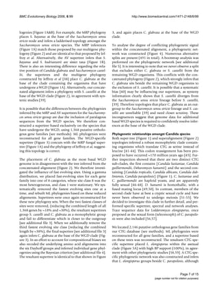 BMC Evolutionary Biology 2006, 6:99                                           http://www.biomedcentral.com/1471-2148/6/99



logenies (Figure 1A&B). For example, the MRP phylogeny          3, and again places C. glabrata at the base of the WGD
places S. bayanus at the base of the Saccharomyces sensu        clade.
stricto node and infers a ladderised topology amongst the
Saccharomyces sensu stricto species. The MRP inferences         To analyse the degree of conflicting phylogenetic signal
(Figure 1A) match those proposed by our multigene phy-          within the concatenated alignment, a phylogenetic net-
logeny (Figure 2) and are identical to that proposed by Jef-    work was constructed (Figure 4). Numerous alternative
froy et al. Alternatively, the AV supertree infers that S.      splits are present (491 in total). A bootstrap analysis was
bayanus and S. kudriavzevii are sister taxa (Figure 1B).        preformed on the phylogenetic network [see additional
There is also an interesting difference regarding the rela-     file 5]. It is interesting to note that we never observe a split
tive position of Candida glabrata and Saccharomyces castel-     that excludes either C. glabrata or S. castellii from the
lii, the supertrees and the multigene phylogeny                 remaining WGD organisms. This conflicts with the con-
constructed by Jeffroy et al [38] place C. glabrata at the      catenated phylogeny (Figure 2), which strongly infers that
base of the clade containing the organisms that have            C. glabrata sits beside the remaining WGD organisms to
undergone a WGD (Figure 1A). Alternatively, our concate-        the exclusion of S. castellii. It is possible that a systematic
nated alignment infers a phylogeny with S. castellii at the     bias [40] may be influencing our supertrees, as synteny
base of the WGD clade (Figure 2), in agreement with syn-        information clearly shows that S. castellii diverges from
tenic studies [39].                                             the Saccharomyces sensu stricto lineage before S. castellii,
                                                                [39]. Therefore topologies that place C. glabrata as an out-
It is possible that the differences between the phylogenies     group to the Saccharomyces sensu stricto lineage and S. cas-
inferred by the MRP and AV supertrees for the Saccharomy-       tellii are unreliable [39] and need closer scrutiny. These
ces sensu stricto group are due the inclusion of paralagous     incongruences suggest that genome data for additional
sequences from the WGD species. We therefore con-               basal WGD species is required to confidently resolve infer-
structed a supertree based exclusively on the species that      ences at the base of the WGD clade.
have undergone the WGD, using 1,368 putative ortholo-
gous gene families (see methods). ML phylogenies were           Phylogenetic relationships amongst Candida species
reconstructed for all gene families. The WGD-specific           Both super tree (Figure 1) and superalignment (Figure 2)
supertree (Figure 3) concurs with the MRP fungal super-         topologies inferred a robust monophyletic clade contain-
tree (Figure 1A) and the phylogeny of Jeffroy et al, suggest-   ing organisms which translate CTG as serine instead of
ing this topology is correct.                                   leucine [41-44]. This codon reassignment has been pro-
                                                                posed to have occurred ~170 million years ago [45]. Fur-
The placement of C. glabrata as the most basal WGD              ther inspection showed that there are two distinct CTG
genome is in disagreement with the tree inferred from the       sub-clades, the first contains {Candida lusitaniae, Candida
concatenated alignment (Figure 2). We therefore investi-        guilliermondii, Debaromyces hansenii} and the second con-
gated the influence of fast evolving sites. Using a gamma       taining {Candida tropicalis, Candida albicans, Candida dub-
distribution, we placed fast-evolving sites for each gene       liniensis, Candida parapsilosis} (Figure 1). C. lusitaniae and
family into one of 8 categories, where site class 8 was the     C. guilliermondii are haploid yeasts, and are apparently
most heterogeneous, and class 1 were stationary. We sys-        fully sexual [46-48]. D. hansenii is homothallic, with a
tematically removed the fastest evolving sites one at a         fused mating locus [49,50]. In contrast, members of the
time, and rebuilt ML phylogenies based on these reduced         second clade have at best a cryptic sexual cycle and have
alignments. Supertrees were once again reconstructed for        never been observed to undergo meiosis [51-55]. We
these new phylogeny sets. When the two fastest classes of       decided to investigate this clade in further detail, and per-
sites were removed, (reducing the combined length of all        formed specific supertree, spectral and network analyses.
1,368 genes by ~18% and ~30%), the resultant supertrees         Trace sequence data for Lodderomyces elongisporus, once
group S. castelli and C. glabrata as a monophyletic group       proposed as the sexual form (teleomorph) of C. parapsilo-
and fail to differentiate which is closer to the outgroup       sis were also included [56,57].
[see additional file 3]. When we additionally remove the
third fastest evolving site class (reducing the combined        We located 2,146 putative orthologous gene families from
length by ~38%), the final supertree [see additional file 3]    our CTG database (see methods). ML phylogenies were
again infers C. glabrata at the base of the WGD clade (Fig-     reconstructed for all gene families, and a supertree based
ure 3). In an effort to account for compositional biases we     on these trees was reconstructed. The resultant CTG spe-
also recoded the underlying amino acid alignments into          cific supertree placed L. elongisporus within the asexual
the six Dayhoff groups and inferred individual gene phyl-       clade (Figure 5A) with high BP support (100%), in agree-
ogenies using the Bayesian criterion [see additional file 4].   ment with other phylogenetic studies [58,59]. A CTG spe-
The resultant supertree is identical to that shown in Figure    cific phylogenetic network was also constructed and infers
                                                                that L. elongisporus groups beside C. parapsilosis, although


                                                                                                                     Page 7 of 15
                                                                                               (page number not for citation purposes)
 