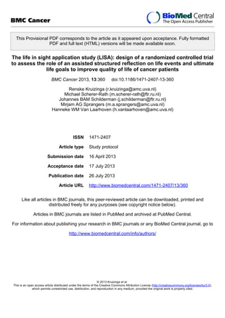 The life in sight application study (LISA): design of a randomized controlled trial to assess the role of an assisted structured reflection on life events and ultimate life goals to improve quality of life of cancer patients