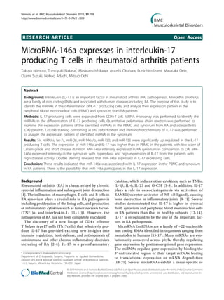 RESEARCH ARTICLE Open Access
MicroRNA-146a expresses in interleukin-17
producing T cells in rheumatoid arthritis patients
Takuya Niimoto, Tomoyuki Nakasa*
, Masakazu Ishikawa, Atsushi Okuhara, Bunichiro Izumi, Masataka Deie,
Osami Suzuki, Nobuo Adachi, Mitsuo Ochi
Abstract
Background: Interleukin (IL)-17 is an important factor in rheumatoid arthritis (RA) pathogenesis. MicroRNA (miRNA)s
are a family of non coding RNAs and associated with human diseases including RA. The purpose of this study is to
identify the miRNAs in the differentiation of IL-17 producing cells, and analyze their expression pattern in the
peripheral blood mononuclear cells (PBMC) and synovium from RA patients.
Methods: IL-17 producing cells were expanded from CD4+T cell. MiRNA microarray was performed to identify the
miRNAs in the differentiation of IL-17 producing cells. Quantitative polymerase chain reaction was performed to
examine the expression patterns of the identified miRNAs in the PBMC and synovium from RA and osteoarthritis
(OA) patients. Double staining combining in situ hybridization and immunohistochemistry of IL-17 was performed
to analyze the expression pattern of identified miRNA in the synovium.
Results: Six miRNAs, let-7a, miR-26, miR-146a/b, miR-150, and miR-155 were significantly up regulated in the IL-17
producing T cells. The expression of miR-146a and IL-17 was higher than in PBMC in the patients with low score of
Larsen grade and short disease duration. MiR-146a intensely expressed in RA synovium in comparison to OA. MiR-
146a expressed intensely in the synovium with hyperplasia and high expression of IL-17 from the patients with
high disease activity. Double staining revealed that miR-146a expressed in IL-17 expressing cells.
Conclusion: These results indicated that miR-146a was associated with IL-17 expression in the PBMC and synovium
in RA patients. There is the possibility that miR-146a participates in the IL-17 expression.
Background
Rheumatoid arthritis (RA) is characterized by chronic
synovial inflammation and subsequent joint destruction
[1]. The infiltration of macrophages, T cells and B cells in
RA synovium plays a crucial role in RA pathogenesis
including proliferation of the lining cells, and production
of inflammatory cytokines such as tumor necrosis factor-
(TNF-)a, and interleukin-1- (IL-1-)b. However, the
pathogenesis of RA has not been completely elucidated.
The discovery of a new linage of CD4+ effector
T helper type17 cells (Th17cells) that selectively pro-
duce IL-17 has provided exciting new insights into
immune regulation, host defense, and pathogenesis of
autoimmune and other chronic inflammatory disorders
including of RA [2-4]. IL-17 is a proinflammatory
cytokine, which induces other cytokines, such as TNFa,
IL-1b, IL-6, IL-23 and G-CSF [5-8]. In addition, IL-17
plays a role in osteoclastogenesis via activation of
RANKL(receptor activator of NF-B ligand), causing
bone destruction in inflammatory joints [9-11]. Several
studies demonstrated that IL-17 is higher in synovial
fluid, synovium and peripheral blood mononuclear cells
in RA patients than that in healthy subjects [12-14].
IL-17 is recognized to be the one of the important fac-
tors in RA pathogenesis.
MicroRNA (miRNA)s are a family of ~22-nucleotide
non coding RNAs identified in organisms ranging from
nematodes to humans [15-17]. Many miRNAs are evo-
lutionarily conserved across phyla, thereby regulating
gene expression by posttranscriptional gene repression.
The miRNAs regulate gene expression by binding the
3′-untranslated region of their target mRNAs leading
to translational repression or mRNA degradation
[18-21]. Several microRNAs exhibit a tissue-specific or
* Correspondence: tnakasa@smn.enjoy.ne.jp
Department of Orthopaedic Surgery, Programs for Applied Biomedicine,
Division of Clinical Medical Science, Graduate School of Biomedical Sciences,
1-2-3, Kasumi, Minami-ku, Hiroshima 734-8551 Japan
Niimoto et al. BMC Musculoskeletal Disorders 2010, 11:209
http://www.biomedcentral.com/1471-2474/11/209
© 2010 Niimoto et al; licensee BioMed Central Ltd. This is an Open Access article distributed under the terms of the Creative Commons
Attribution License (http://creativecommons.org/licenses/by/2.0), which permits unrestricted use, distribution, and reproduction in
any medium, provided the original work is properly cited.
 