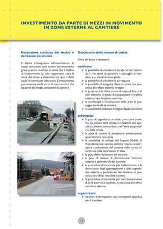 12
Descrizione delle misure di tutela
Prima dei lavori è necessario:
veriﬁcare:
ÿ la possibilità di chiudere la strada, fermo restan-
do la necessità di garantire il passaggio ai resi-
denti e ai mezzi di emergenza
ÿ la possibilità di chiudere la carreggiata
ÿ la possibilità di eseguire i lavori in orari con pre-
senza di trafﬁco esterno limitato
ÿ la presenza e la dislocazione di ostacoli ﬁssi o di
altri elementi in grado di condizionare il trafﬁco
esterno, tipo lampioni, muri ecc
ÿ la morfologia e l’inclinazione delle aree di pas-
saggio limitrofe al cantiere
ÿ lapossibilitàdiutilizzareilmaggiorspaziopossibile
prevedere:
ÿ la posa di segnaletica stradale, così come previ-
sto dal codice della strada, in relazione allo spe-
ciﬁco cantiere, concordata con l’ente proprieta-
rio della strada
ÿ la posa di sistemi di protezione antintrusione,
quali barriere new jersy
ÿ la possibilità di utilizzo del Segnale Mobile di
Protezione; tale veicolo, deﬁnito “mezzo scudo”,
opera a protezione del cantiere nella corsia in-
teressata dalla lavorazione in atto.
ÿ la posa della recinzione del cantiere
ÿ la posa di sistemi di illuminazione notturna
esterna e perimetrale del cantiere
ÿ le procedure di sicurezza per l’allestimento e la
dismissione degli apprestamenti e della segnale-
tica esterna e perimetrale del cantiere, in pre-
senza di trafﬁco veicolare esterno
ÿ le procedure di sicurezza per l’uso temporaneo
di aree esterne al cantiere,in presenza di trafﬁco
veicolare esterno
organizzare:
ÿ incontri di formazione con i lavoratori, speciﬁca
per il cantiere.
INVESTIMENTO DA PARTE DI MEZZI IN MOVIMENTO
IN ZONE ESTERNE AL CANTIERE
Descrizione sintetica del rischio e
del danno potenziale
Il danno conseguente all’investimento di
mezzi semoventi può essere estremamente
grave e anche mortale; si stima che il rischio
di investimento da solo rappresenti circa la
metà del totale e determini tre quarti delle
cause di morte per infortunio.L’investimento
può avvenire sia da parte di mezzi esterni che
da parte dei mezzi semoventi di cantiere.
 