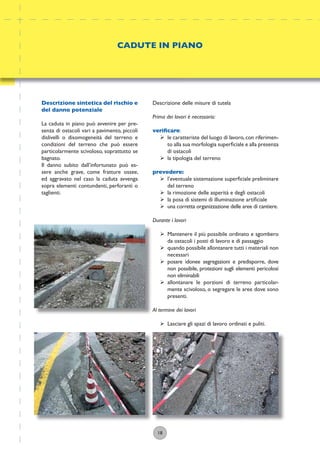 18
Descrizione delle misure di tutela
Prima dei lavori è necessario:
veriﬁcare:
ÿ le caratteriste del luogo di lavoro,con riferimen-
to alla sua morfologia superﬁciale e alla presenza
di ostacoli
ÿ la tipologia del terreno
prevedere:
ÿ l’eventuale sistemazione superﬁciale preliminare
del terreno
ÿ la rimozione delle asperità e degli ostacoli
ÿ la posa di sistemi di illuminazione artiﬁciale
ÿ una corretta organizzazione delle aree di cantiere.
Durante i lavori
ÿ Mantenere il più possibile ordinato e sgombero
da ostacoli i posti di lavoro e di passaggio
ÿ quando possibile allontanare tutti i materiali non
necessari
ÿ posare idonee segregazioni e predisporre, dove
non possibile, protezioni sugli elementi pericolosi
non eliminabili
ÿ allontanare le porzioni di terreno particolar-
mente scivoloso, o segregare le aree dove sono
presenti.
Al termine dei lavori
ÿ Lasciare gli spazi di lavoro ordinati e puliti.
CADUTE IN PIANO
Descrizione sintetica del rischio e
del danno potenziale
La caduta in piano può avvenire per pre-
senza di ostacoli vari a pavimento, piccoli
dislivelli o disomogeneità del terreno e
condizioni del terreno che può essere
particolarmente scivoloso, soprattutto se
bagnato.
Il danno subito dall’infortunato può es-
sere anche grave, come fratture ossee,
ed aggravato nel caso la caduta avvenga
sopra elementi contundenti, perforanti o
taglienti.
 