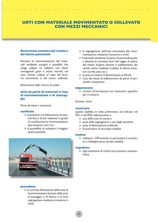 25
ÿ la segregazione dell’area interessata alla movi-
mentazione, mediante transenne o simili
ÿ l’eventuale assistenza da parte di personale posto
a distanza di sicurezza, fuori dal raggio di azione
del mezzo d’opera durante il sollevamento dei
carichi, anche mediante l’utilizzo di idonei acces-
sori (corde, aste, ecc.)
ÿ la posa di sistemi di illuminazione artiﬁciali
ÿ l’uso dei mezzi di sollevamento da parte di per-
sonale competente
organizzare:
ÿ incontri di formazione con i lavoratori, speciﬁca
per il cantiere.
Durante i lavori
osservare:
quanto stabilito in sede preliminare, ed indicato nel
PSC e nel POS, relativamente a:
ÿ uso delle aree di cantiere
ÿ posa delle segregazioni e uso degli assistenti
ÿ posa di illuminazione artiﬁciale
ÿ le procedure di sicurezza stabilite
inoltre:
ÿ utilizzare i DPI previsti, in particolare il caschet-
to e l’abbigliamento ad alta visibilità
segnalare:
ÿ ogni situazione di rischio non prevista o sottova-
lutata.
URTI CON MATERIALE MOVIMENTATO O SOLLEVATO
CON MEZZI MECCANICI
Descrizione sintetica del rischio e
del danno potenziale
Durante la movimentazione dei mate-
riali mediante autogrù è possibile che
venga colpito un addetto, con danni
conseguenti gravi e anche mortali, nel
caso venisse colpito al capo dal brac-
cio semovente o dal carico sollevato.
Descrizione delle misure di tutela
Urto da parte di materiali in fase
di movimentazione e di stoccag-
gio
Prima dei lavori è necessario:
veriﬁcare:
ÿ la presenza e la dislocazione di osta-
coli ﬁssi o di altri elementi in grado
di condizionare la movimentazione,
tipo lampioni, muri ecc.
ÿ la possibilità di utilizzare il maggior
spazio possibile
prevedere:
ÿ la corretta dislocazione delle aree di
movimentazione,lontano dalle aree
di passaggio o di lavoro, e la loro
segregazione mediante transenne o
simili
 