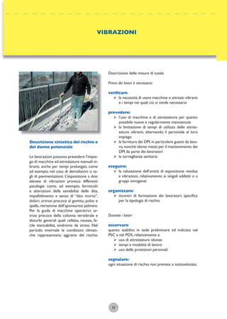 33
Descrizione delle misure di tutela
Prima dei lavori è necessario:
veriﬁcare:
ÿ la necessità di usare macchine o attrezzi vibranti
e i tempi nei quali ciò si rende necessario
prevedere:
ÿ l’uso di macchine e di attrezzature per quanto
possibile nuove e regolarmente manutenute
ÿ la limitazione di tempi di utilizzo delle attrez-
zature vibranti, alternando il personale al loro
impiego
ÿ la fornitura dei DPI,in particolare guanti da lavo-
ro,nonché idonei mezzi per il mantenimento dei
DPI da parte dei lavoratori
ÿ la sorveglianza sanitaria
eseguire:
ÿ la valutazione dell’entità di esposizione residua
a vibrazioni, relativamente ai singoli addetti o a
gruppi omogenei
organizzare:
ÿ incontri di formazione dei lavoratori, speciﬁca
per la tipologia di rischio.
Durante i lavori
osservare:
quanto stabilito in sede preliminare ed indicato nel
PSC e nel POS, relativamente a:
ÿ uso di attrezzature idonee
ÿ tempi e modalità di lavoro
ÿ uso delle protezioni personali
segnalare:
ogni situazione di rischio non prevista o sottovalutata.
VIBRAZIONI
Descrizione sintetica del rischio e
del danno potenziale
Le lavorazioni possono prevedere l’impie-
go di macchine ed attrezzature manuali vi-
branti, anche per tempi prolungati, come
ad esempio nel caso di demolizioni o ta-
gli di pavimentazioni. L’esposizione a dosi
elevate di vibrazioni provoca differenti
patologie come, ad esempio, formicolii
e alterazioni della sensibilità delle dita,
impallidimento e senso di “dito morto”,
dolori, artrosi precoce al gomito, polso e
spalla, retrazione dell’aponeurosi palmare.
Per la guida di macchine operatrici: ar-
trosi precoce della colonna vertebrale e
disturbi generali quali cefalea, nausea, fa-
cile stancabilità, sindrome da stress. Nel
periodo invernale le condizioni climati-
che rappresentano aggravio del rischio.
 
